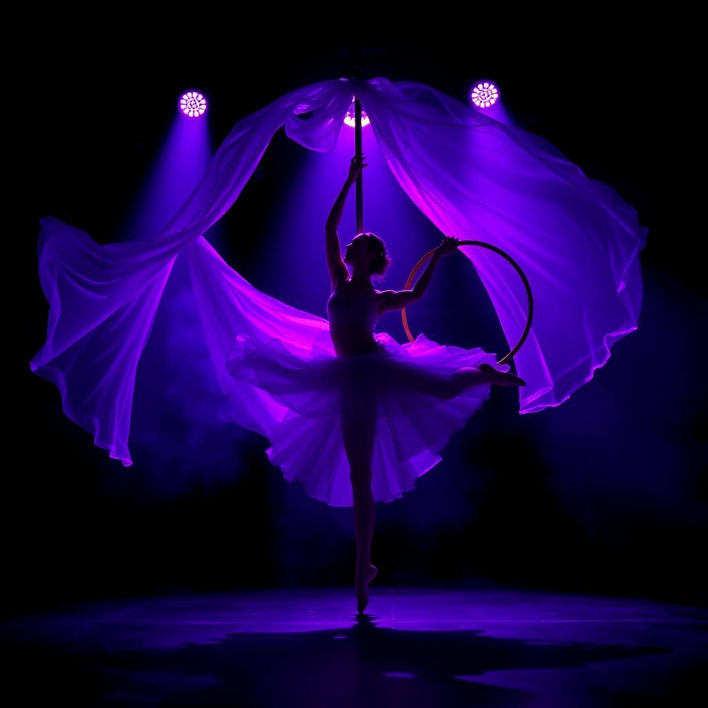 Dynamic depiction of dance, pendulum, fabric, hoop, and pole dance bathed in intense dramatic lighting with deep ultraviolet hues, presenting vivid purples and high contrast to create tension