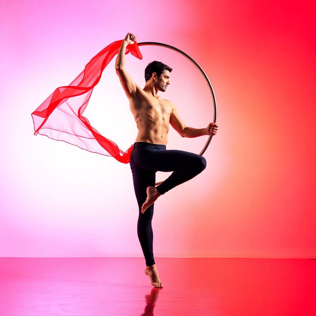 Vibrant complimentary colors over a man in a graceful dance pose with fabric or a hoop, and also pole dancing, no text, elegant aesthetic, contrasting colors, balanced tones